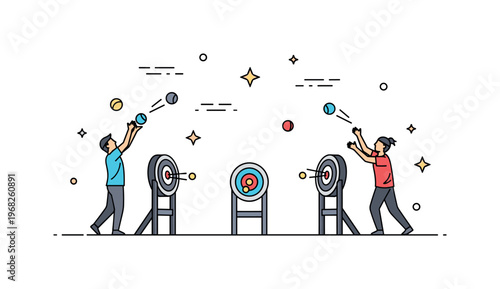 Throwing a ball competitive game scene where players throw balls toward targets while small sparkle and line icons emphasize challenge, precision,