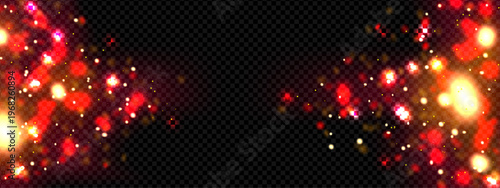 Red firefly glitter overlay. Fairy particle light with smoke and pink magic glow sparkle. Glimmer bokeh texture for Christmas holiday design. Shiny starburst motion for luxury landscape frame.