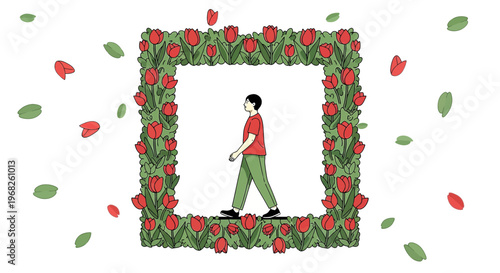 Man walking through floral frame, spring concept, tulips and leaves, white background
