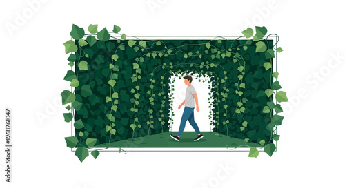 Man Walking Through Green Ivy Archway Tunnel, Nature Escape, Serene Garden Path