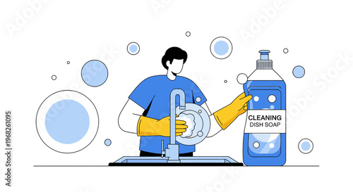 Man Washing Dishes with Dish Soap and Bubbles, Housework Concept
