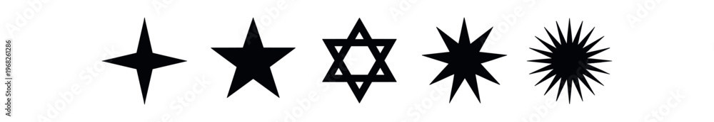 Obraz premium Star shapes icon set. four-point star, five-point star, hexagram, multi-point burst, sunburst, celestial, decorative, navigation, rating. flat vector illustration isolated on white background.