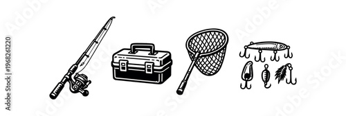 Fishing gear icon set. rod, reel, tackle box, landing net, lures, hooks, bait, angling equipment. line and flat vector icon set.