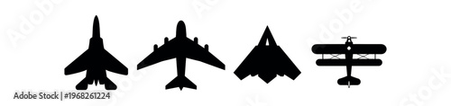 Military aircraft silhouettes icon set. fighter jet, transport plane, stealth bomber, biplane, aviation, warplane, airforce. flat vector illustration.