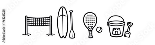 Beach and paddle sports icons set. beach volleyball net, surfboard and paddle, paddle racket and ball, sand bucket and shovel. line and flat vector icon set.