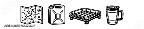 Travel and camping gear icon set. map, jerrycan, fuel can, pallet crate, mug, supplies, navigation, outdoor equipment. line and flat vector illustration.