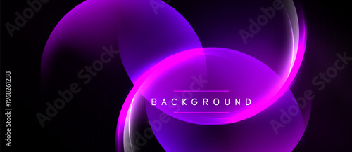 Abstract purple neon shapes overlap black background. Modern design features flowing curves, text reads background. Vibrant illumination creates dynamic visual effect.