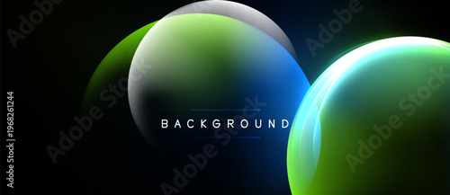 Abstract fluid shapes overlap, creating vibrant gradients. Dark background emphasizes colorful orbs, modern design element.