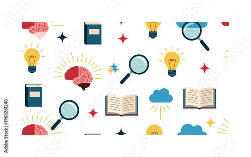 epiphany icons seamless pattern, repeating pattern, surface design, textile print, modern illustration of sparkles, light bulbs, magnifying glasses, sunbeams,