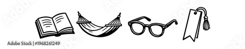 Relaxation and reading icons set. open book, hammock, eyeglasses, bookmark tassel, leisure and study. line and flat vector icon set.