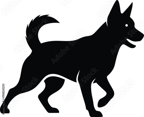 Silhouette of a walking dog facing right with a curled tail vector illustration