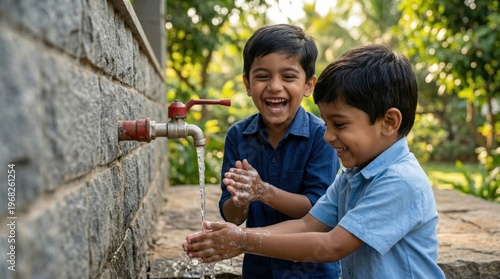 happy indian children washing hands under tap