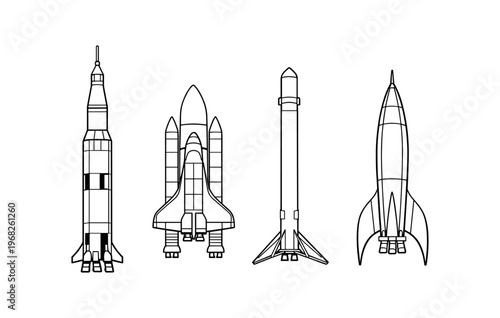 Rocket and space shuttle line icon set. rocket, shuttle, booster, launch vehicle, spacecraft, technical outline, engineering. line and flat vector illustration.