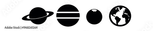 Planet icons set. saturn and generic planet silhouettes, globe, world, astronomy symbols, round celestial bodies. line, flat and colored vector icon set.