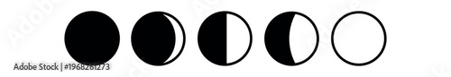 Lunar phases icon set. new moon, waxing crescent, first quarter, waxing gibbous, full and empty circle moon phases. line, flat and colored vector icon set.