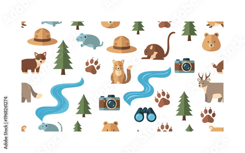 forest life patterns seamless pattern, repeating pattern, surface design, textile print, modern illustration of animals, forests, rivers, endangered species,