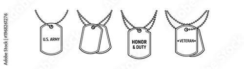 Dog tags icon set. military identification tags, army badge, veteran emblem, honor and duty, id necklace, service dogtag. line, flat and colored vector icon set.