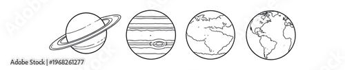 Solar system outlines. ringed planet, gas giant with bands, and two earth globe outline maps, planetary line art for astronomy and education. line and flat vector illustration.