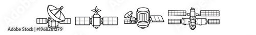 Satellite icon set. satellite, communication, antenna, dish, solar panels, telemetry, orbit, spacecraft. line and flat vector illustration.