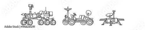 Space rover and lander line icons. detailed rover, open buggy with dish, and planetary lander with solar panels, antenna, instruments. line and flat vector illustration.