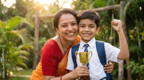 happy indian mother and schoolboy holding trophy together