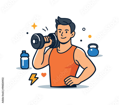 Modern gym lifestyle expressed by a fitness trainer resting a dumbbell on the shoulder with subtle motion accents, suggesting everyday training habits and