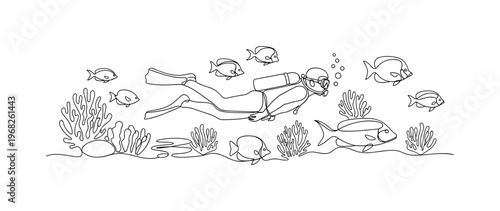 Diver Underwater. Minimalistic one-line drawing scuba diver swimming among fish and coral, continuous single black line on white background, simple outline