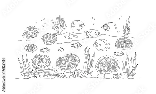 Coral and Fish Habitat. Minimalistic one-line drawing reef with various fish and plants, continuous single black line on white background, simple outline