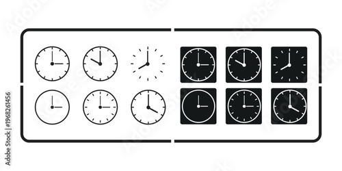 Collection of diverse clock faces showing various times on isolated transparent background