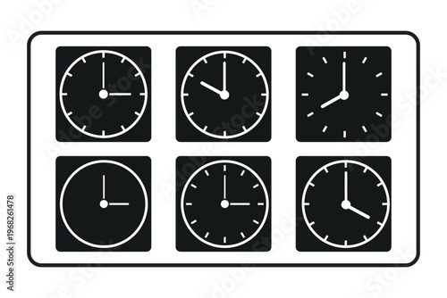 Collection of six different clock faces displaying various times on a white background