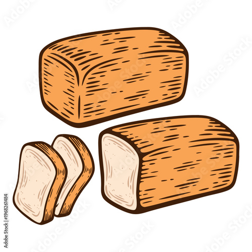 Square loaf of bread, whole and sliced, toast, colourful, hand-drawn illustration, line art contour, isolated