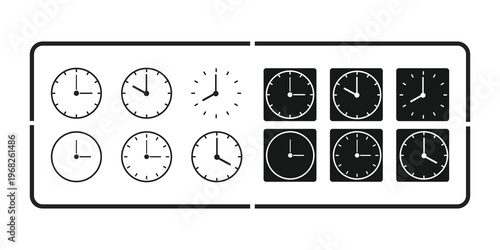 Billede på lærred Collection of stylized clock faces illustrating different times and styles for g