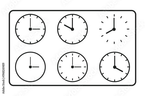 Collection of six minimalist circular clock faces displaying different times isolated on transparent background
