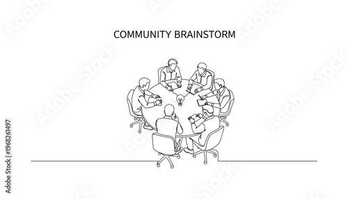 Community Brainstorm. Minimalistic one-line drawing silhouettes around circular table contributing ideas, continuous single black line on white background,