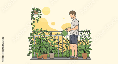 Man Watering Plants on Balcony Garden at Sunrise - Urban Gardening Lifestyle