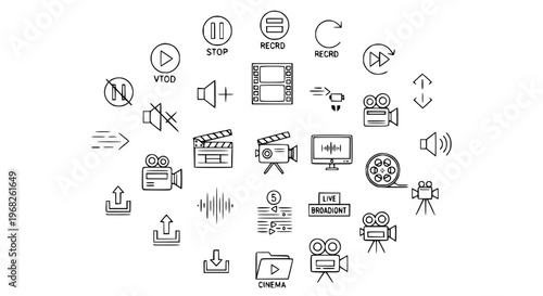 Premium Video Icon Set with Play Pause Record Camera Film Streaming Vector