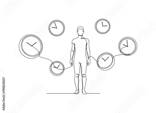 Person Surrounded by Floating Clocks. Minimalistic one-line drawing human figure standing with multiple clocks floating around, continuous single black line on