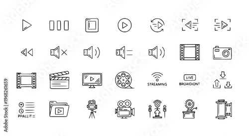 Minimal Video Outline Icons with Play Pause Stop Record Streaming Vector