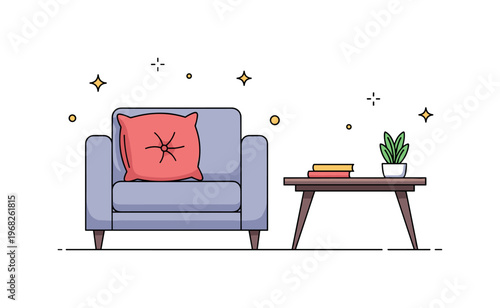 Pillow couch corner scene where a plush pillow sits on a sofa with coffee table nearby while tiny sparkle and star icons highlight comfort, home lifestyle, and