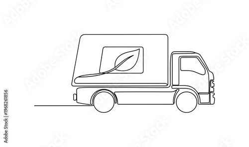 Eco Cargo. Minimalistic one-line drawing truck with leaf icon transporting goods, continuous single black line on white background, simple outline style, no