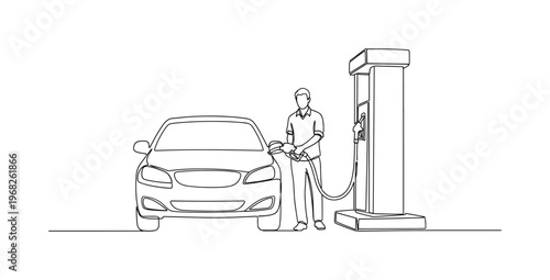 Car Refuel. Minimalistic one-line drawing vehicle at gas station with person refueling, continuous single black line on white background, simple outline style,