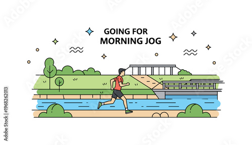 Going for a morning jog urban river trail scene where a jogger runs alongside a calm river with bridges and greenery while tiny sparkle and wave