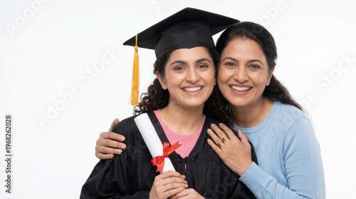 proud young indian graduate standing with her mother
