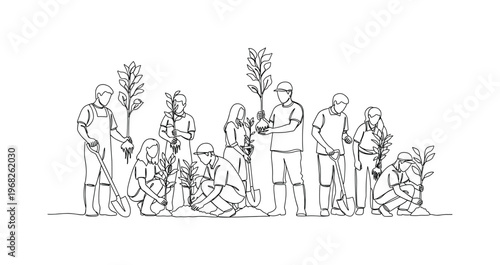 Volunteer Tree Work. Minimalistic one-line drawing people holding saplings and shovels planting trees outdoors, continuous single black line on white