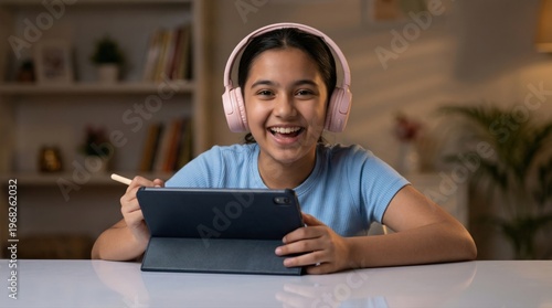 happy indian school girl doing study on tablet at home wearing headphones