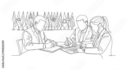 Peace Agreement. Minimalistic one-line drawing delegates signing treaty with flags in background, continuous single black line on white background, simple