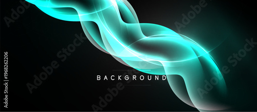 Abstract turquoise waves flow across black space. Dynamic light creates soft curves, suggesting movement, energy. Minimalist design.