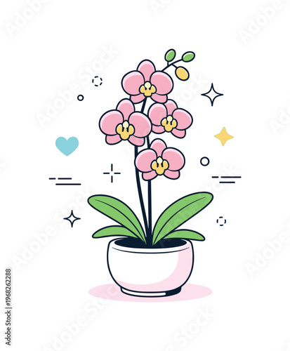Orchid flower. A single orchid blooming gracefully in a simple pot, conveying calm beauty and balance. Soft decorative shapes emphasize elegance and serenity.