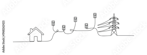 Energy Efficiency System. Minimalistic one-line drawing smart meters connected to household and grid, continuous single black line on white background, simple