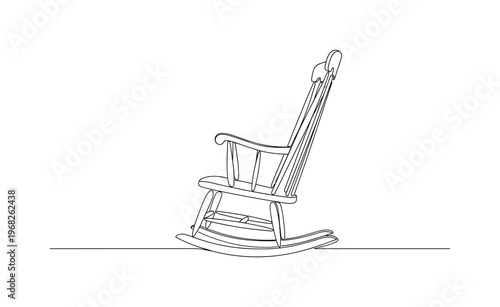 Traditional Chair. Minimalistic one-line drawing side view of wooden rocking chair with armrests, continuous single black line on white background, simple